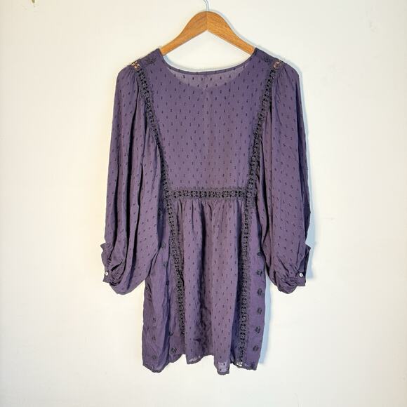 Free People Purple Embroidered Boho Tunic Dress Womens Large Long Sleeve - Picture 11 of 11